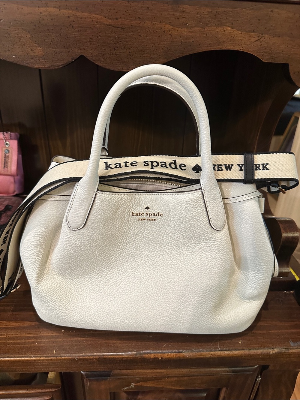 kate spade White Pebbled Leather Satchel with Branded Strap